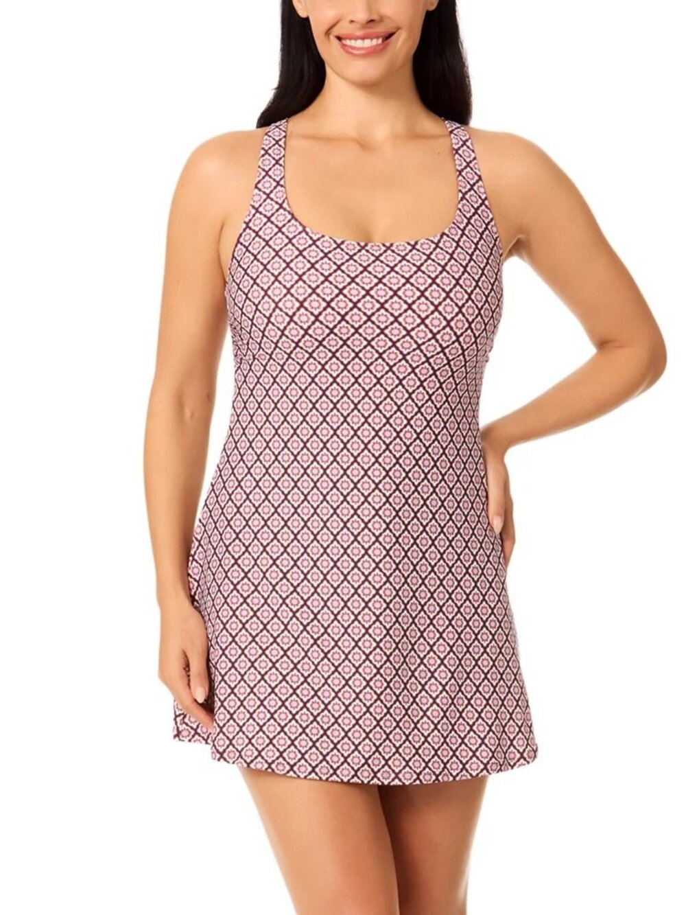 NEW Lands End Swim Dress Swimsuit M NWT Red Tile UPF50+ Removeable Cups